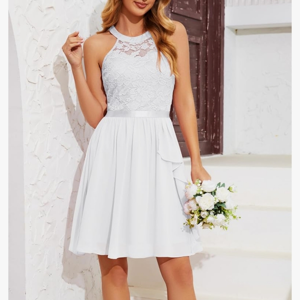 Women's White Halter Sleeveless Cocktail Dress